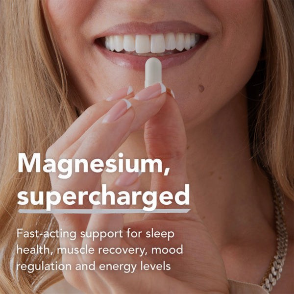 Woman applying a supplement to her lips with text about magnesium benefits.