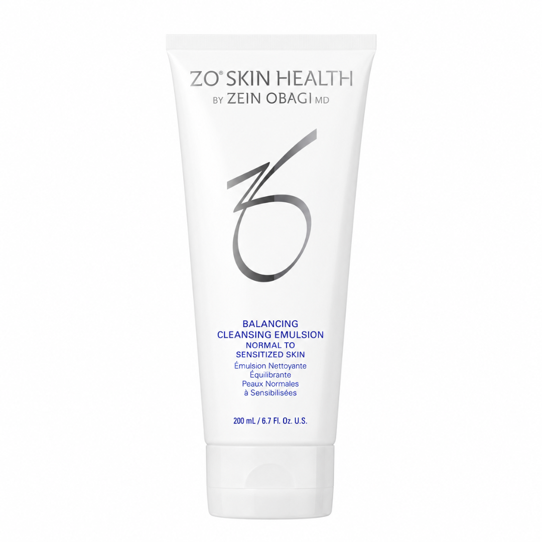 A white squeeze tube of ZO Skin Health Cleansing Emulsion Normal to Sensitized Skin, 200 mL, on a plain white background.