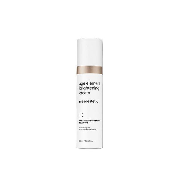A white cylindrical cosmetic bottle of mesoesthetic Age Element Brightening Cream with a metallic gold band and black text, centered on a plain white background.