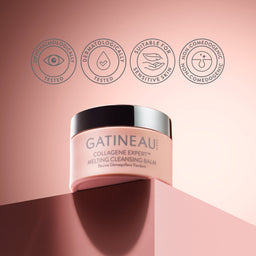 Gatineau Collagene Expert cleansing balm jar on a pink background with brand icons.