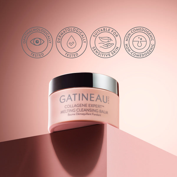 Gatineau Collagene Expert cleansing balm jar on a pink background with brand icons.