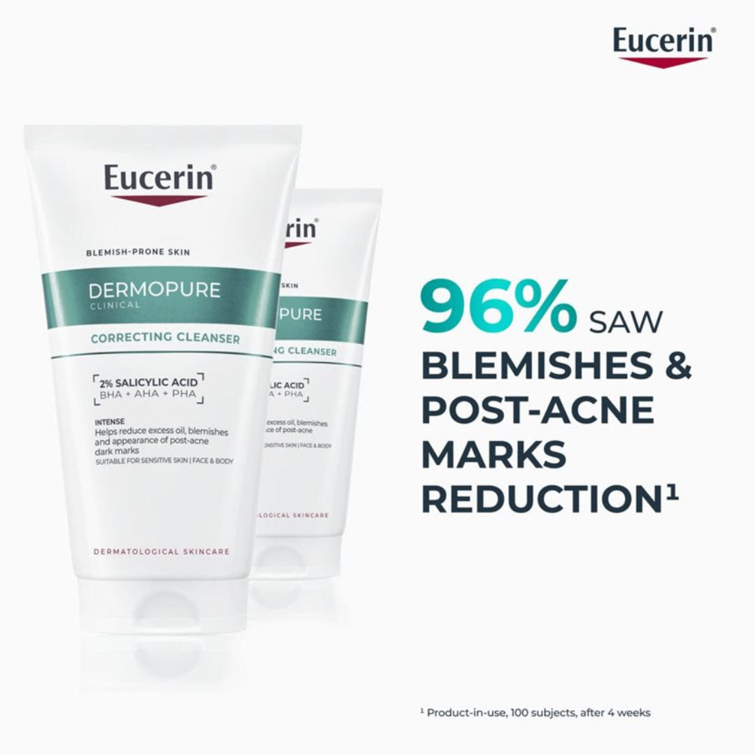 Eucerin Dermopure Clinical Correcting Cleanser with product details on a white background