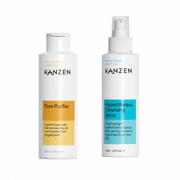 Two white KANZEN skincare bottles on a white background: a Pore Purifier wash with a gold label and a Hypochlorous Cleansing Spray with a turquoise label.