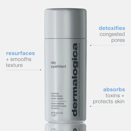 Dermalogica daily superfoliant bottle with text highlighting product benefits on a white background