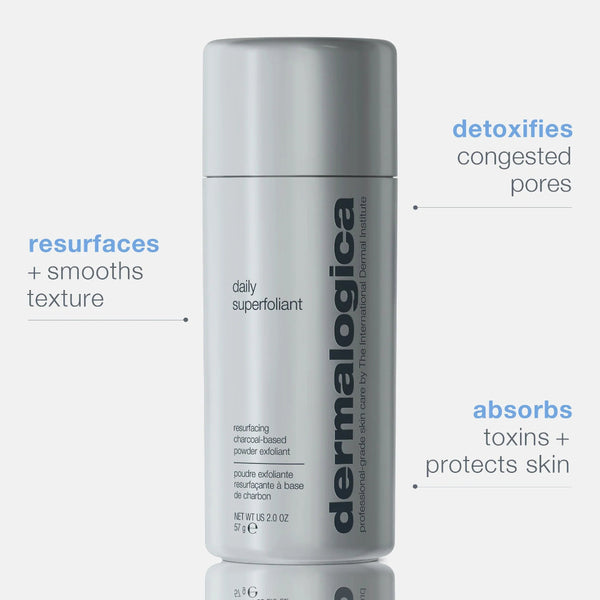 Dermalogica daily superfoliant bottle with text highlighting product benefits on a white background