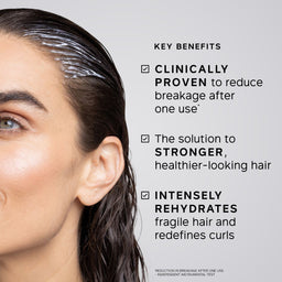 Woman with wet hair and key benefits text on a gray background