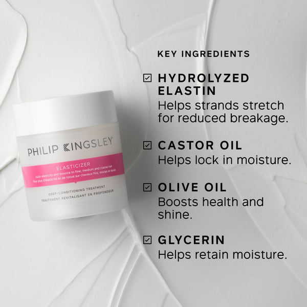 Philip Kingsley hair care product with key ingredients listed on a white background