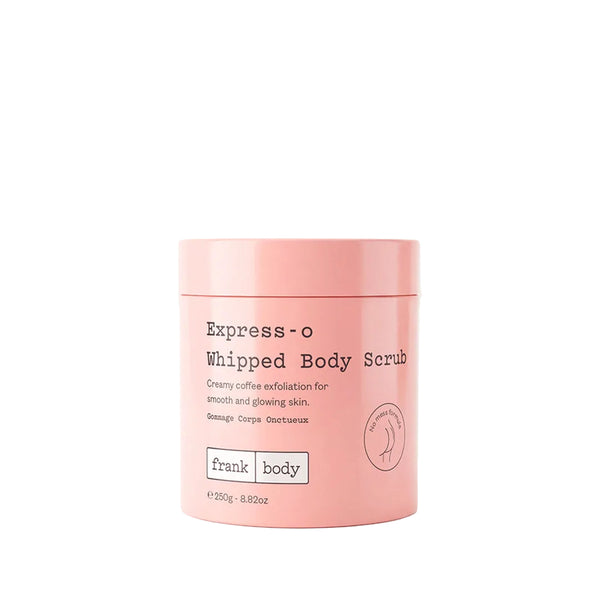 Pink container of Express-o Whipped Body Scrub by frank body on a white background
