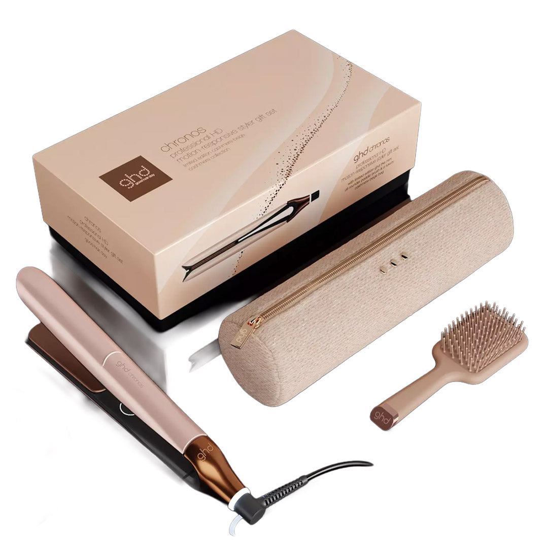 ghs clonos hair straightener set in champagne beige, featuring a flat iron, a zippered carrying case, and a wide-tooth comb brush, displayed with its retail packaging box on a white background.