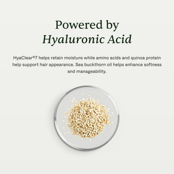 Text on a light gray background reading 'Powered by Hyaluronic Acid' with a small dish of beige powder or granules below.