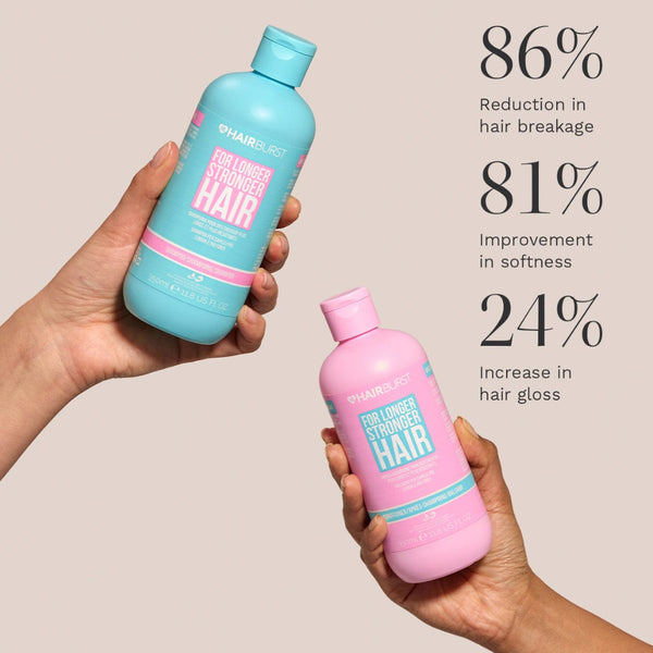 Two bottles of hair care products held by hands with statistical text on a beige background