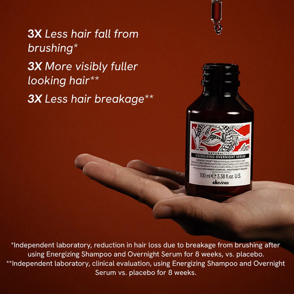 A hand holds a small dark amber bottle labeled EverBios Energy Zing Shampoo & Overnight Serum against a warm reddish-brown background, with promotional text about reduced hair fall and breakage.