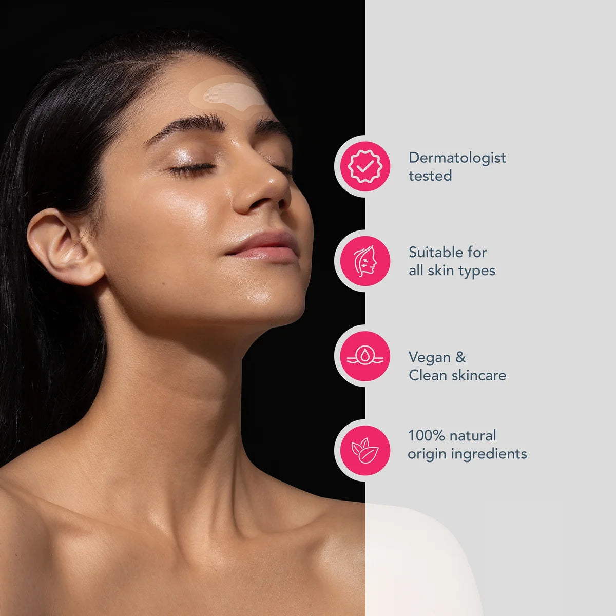 Woman with a clean face on a black and white background with skincare product features.