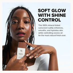 A promotional beauty ad featuring a woman with braided hair holding a bottle of UGG tinted sunscreen, with text on the right reading 'SOFT GLOW WITH SHINE CONTROL' and product benefits.