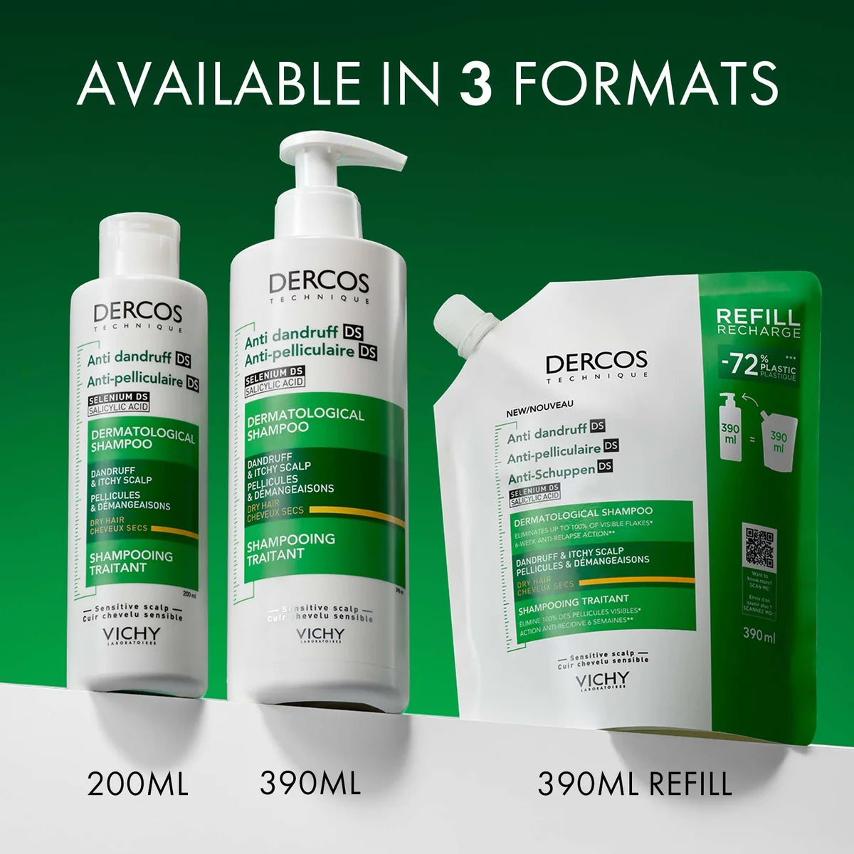 Vichy Dercos Anti-Dandruff Dermatological Shampoo for Dry Hair, 390ml Refill Pouch