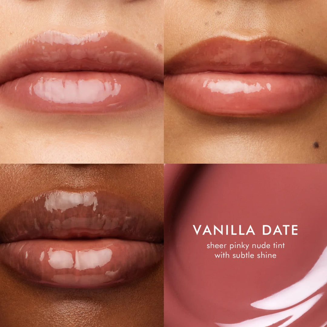 Collage of lips wearing a lipstick with 'Vanilla Date' color swatch and description.