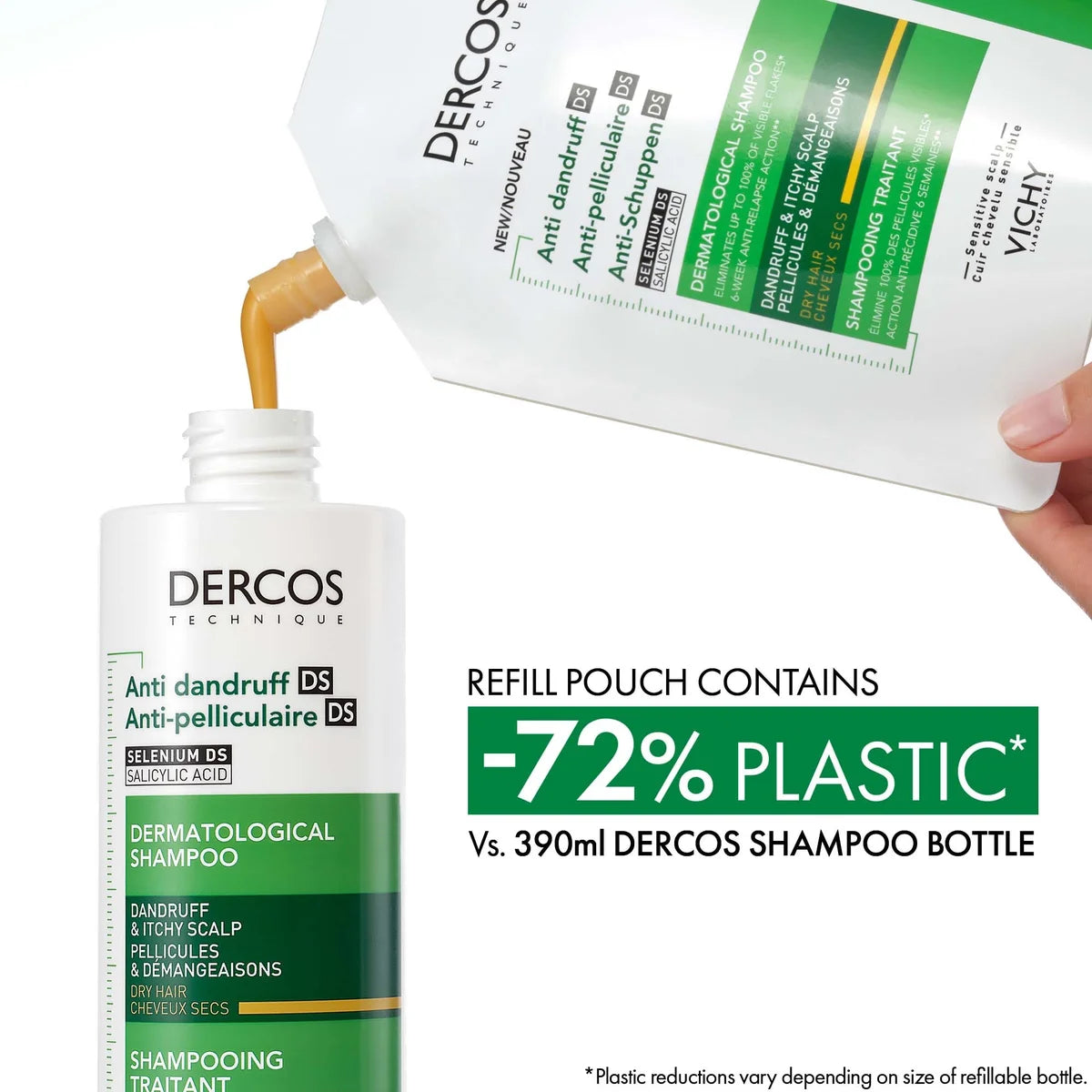 Vichy Dercos Anti-Dandruff Dermatological Shampoo for Dry Hair, 390ml Refill Pouch