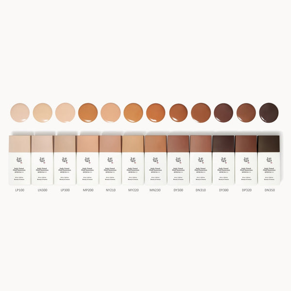 Row of foundation samples with color swatches on a white background