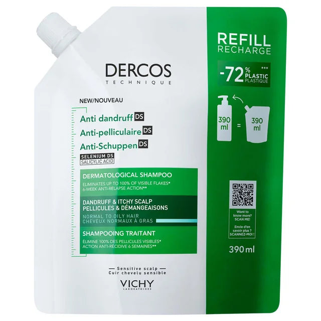 Vichy Dercos Anti-Dandruff Dermatological Shampoo for Dry Hair, 390ml Refill Pouch