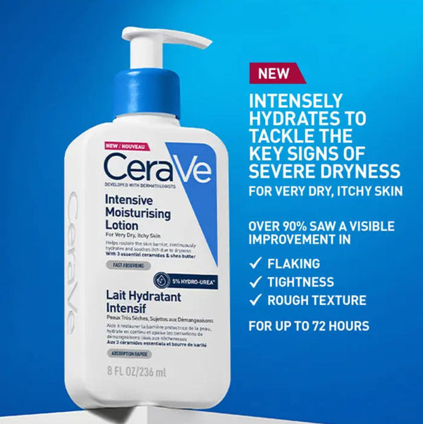 CeraVe intensive moisturizing lotion with pump on a blue background