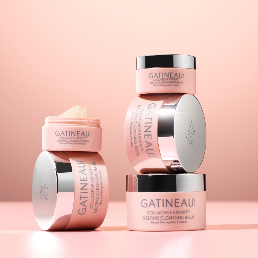 Gatineau skincare products on a pink background