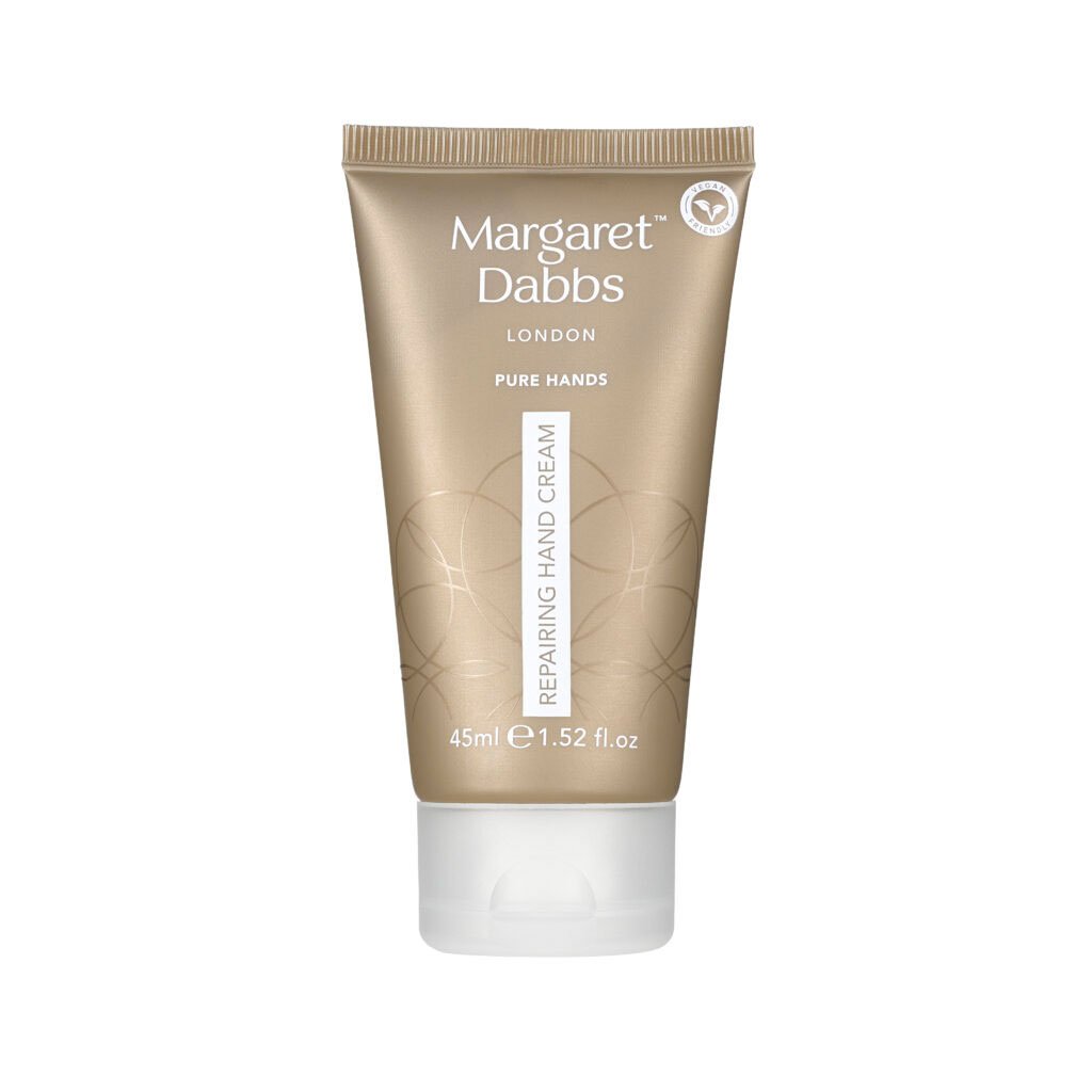 Tube of Margaret Dabbs London hand cream on a white background