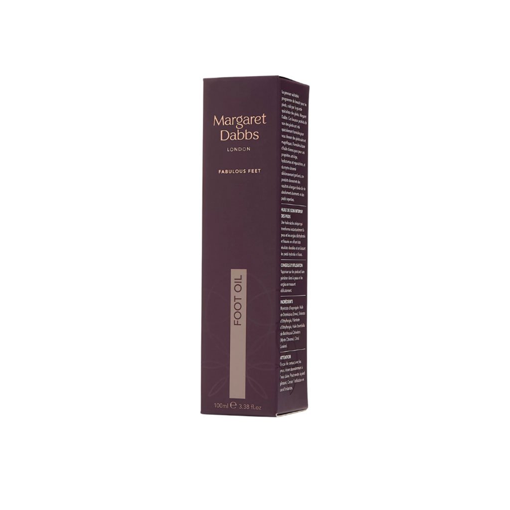 Box of Margaret Dabbs London foot oil on a white background