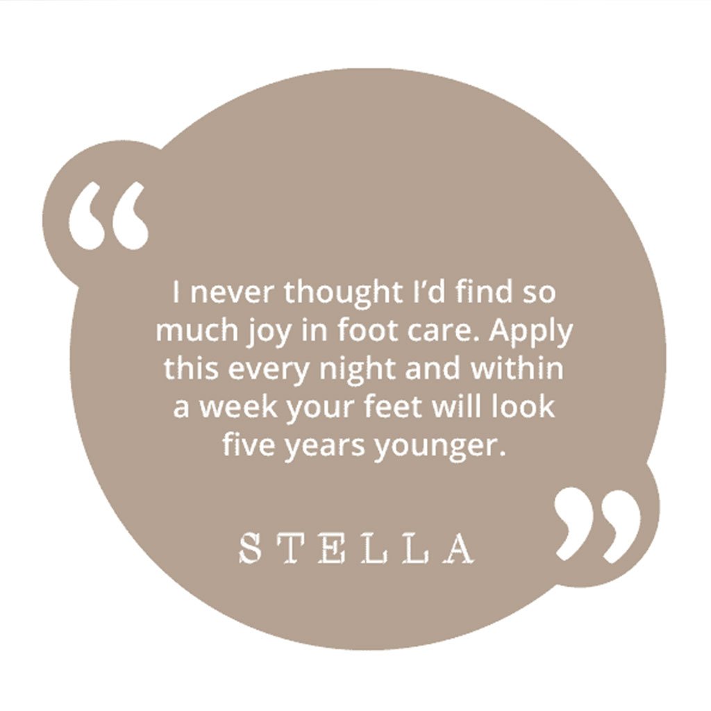 Quote bubble with text about foot care and a brand name on a beige background