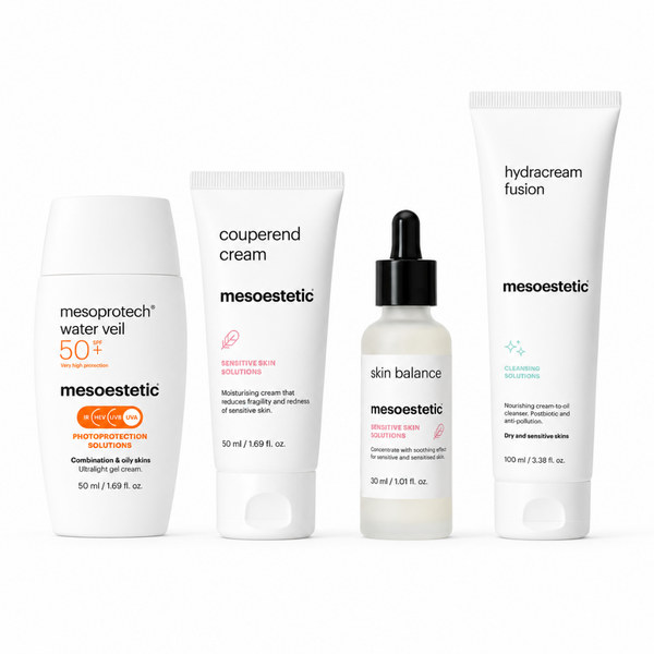 Four Mesoestetic skincare products arranged side by side on a white background: a water veil bottle, a couperend cream tube, a skin balance dropper bottle, and a hydracream fusion tube.