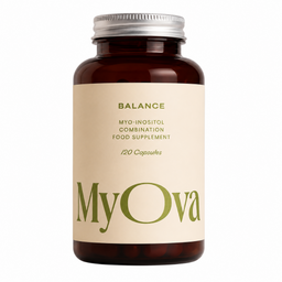 A bottle of MyOva Balance food supplement, featuring an amber glass bottle with a silver metal cap and a cream-colored label with green text.