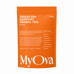 An orange stand-up pouch of MyOva Digestion Support Herbal Tea, 240g, on a clean white background.