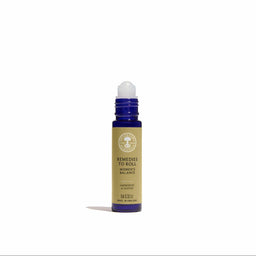 Roll-on bottle with beige label on a white background