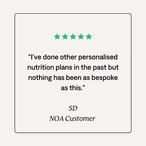Five-star review for a bespoke nutrition plan with a customer name and feedback.