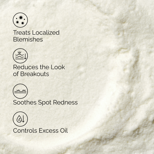 Text detailing skincare benefits on a textured beige background