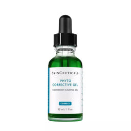 SkinCeuticals Phyto Corrective Gel in a 30 ml glass dropper bottle with a green liquid, white label, and black dropper cap, set against a plain white background.
