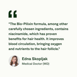 A quote graphic on a light cream background with dark green text. The quote attributes benefits of a hair health formula to niacinamide, citing Edna Skopljak, Medical Doctor (MD), with a small circular profile photo of the doctor.