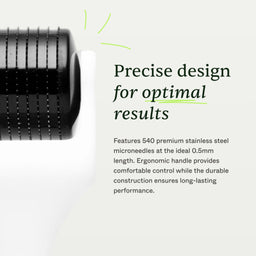 Close-up of a black cylindrical product component with fine ridges and text reading 'Precise design for optimal results' and additional feature copy about 540 premium stainless steel microneedles on a light gray background.