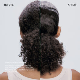 Before and after hair styling comparison showing the back of a person's head with dark curly hair, labeled 'BEFORE' on the left and 'AFTER' on the right, on a light gray background with product text at the bottom left.