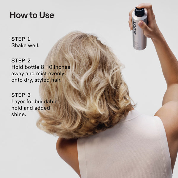 A person shown from behind with wavy blonde hair, holding a spray bottle and misting their hair. The image includes a 'How to Use' guide with three steps on a light gray background.