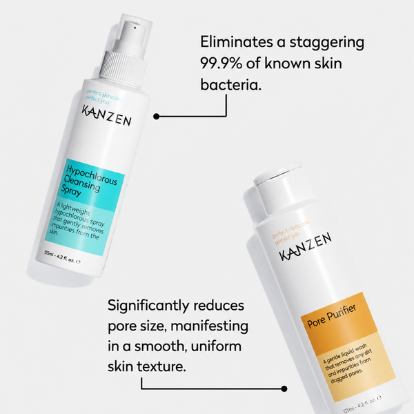 Two KANZEN skincare bottles on a light gray background with marketing text callouts. The left bottle is a white spray bottle labeled Hypochlorous Cleansing Spray with a turquoise label, and the right bottle is a white pump bottle labeled Pore Purifier with an orange label.