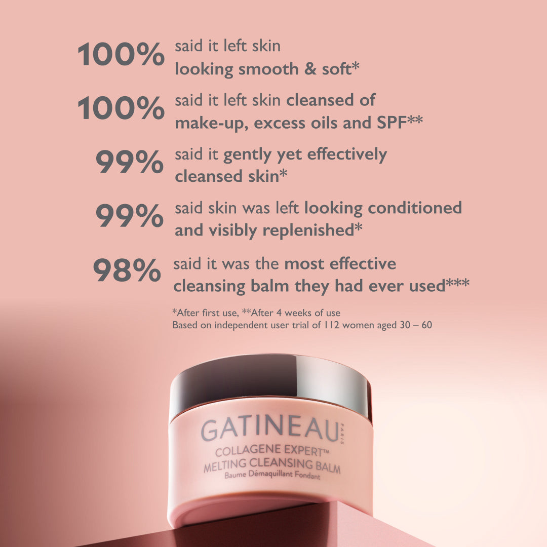 Gatineau cleansing balm with customer feedback on a pink background