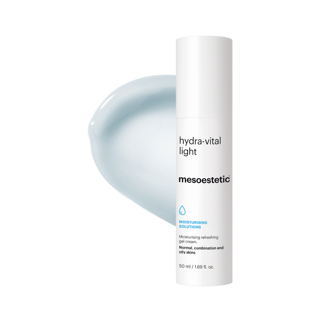 mesoestetic Hydra-Vital Light Gel Cream container and cream poured behind it